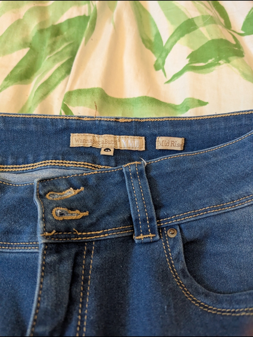 Womens Blue Denim Jeans with Multicolor Paisley Flare - Picture 3 of 3